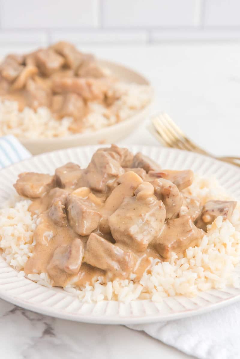 traditional beef stroganoff over rice on a plate and in a bowl.
