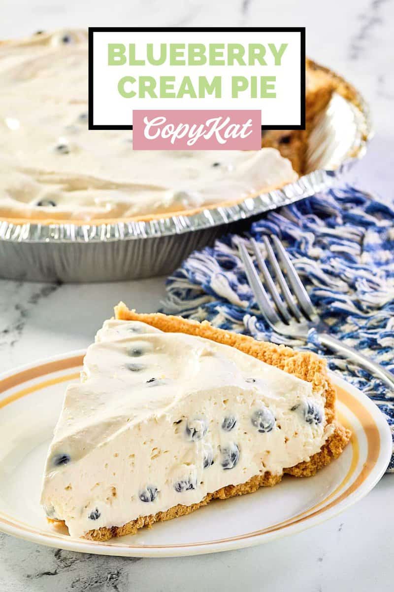 No bake blueberry cream pie and a slice on a plate.