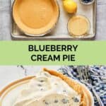 blueberry cream pie ingredients and a slice of the pie.