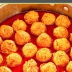 Buffalo chicken meatballs and sauce in a large pan.