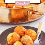 Buffalo chicken meatballs and a fork on a plate in front of a pan.