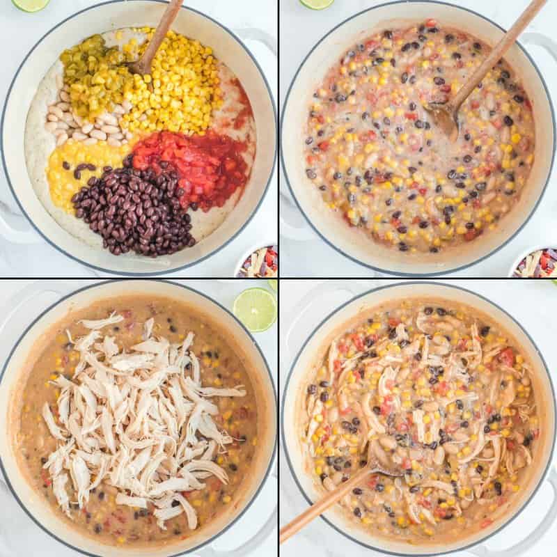 Collage of steps for adding vegetables and chicken to Chick Fil A chicken tortilla soup base.