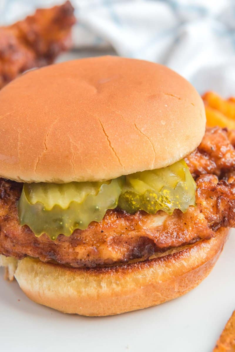 Closeup of copycat Chick Fil A spicy chicken sandwich.