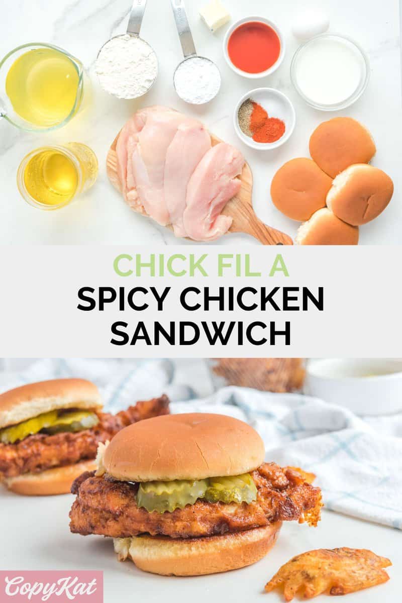 Copycat Chick Fil A spicy chicken sandwich ingredients and the finished sandwich.