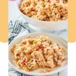 chicken and rice casserole on a plate and in a serving bowl.