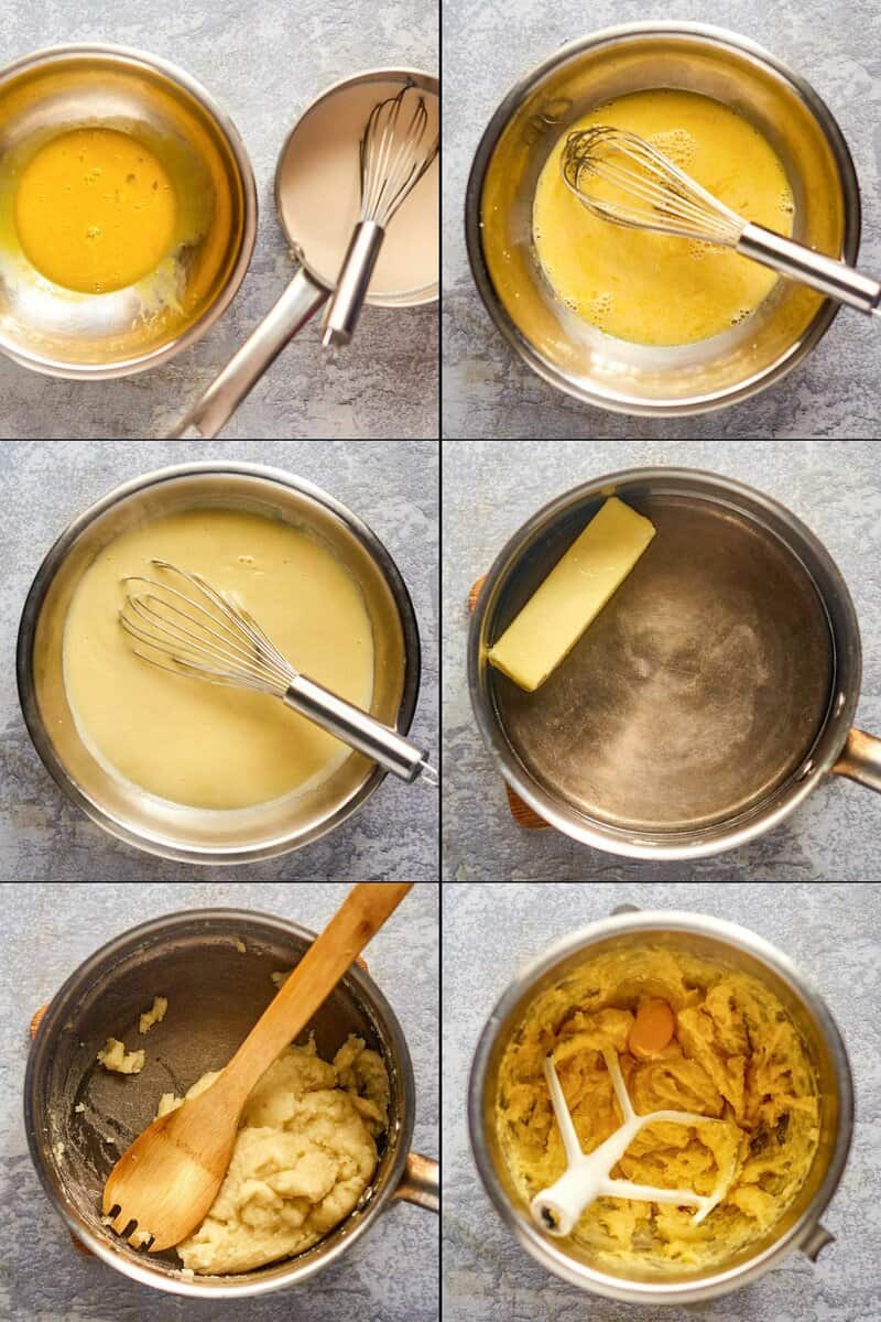 collage of making pate a choux dough for eclairs.