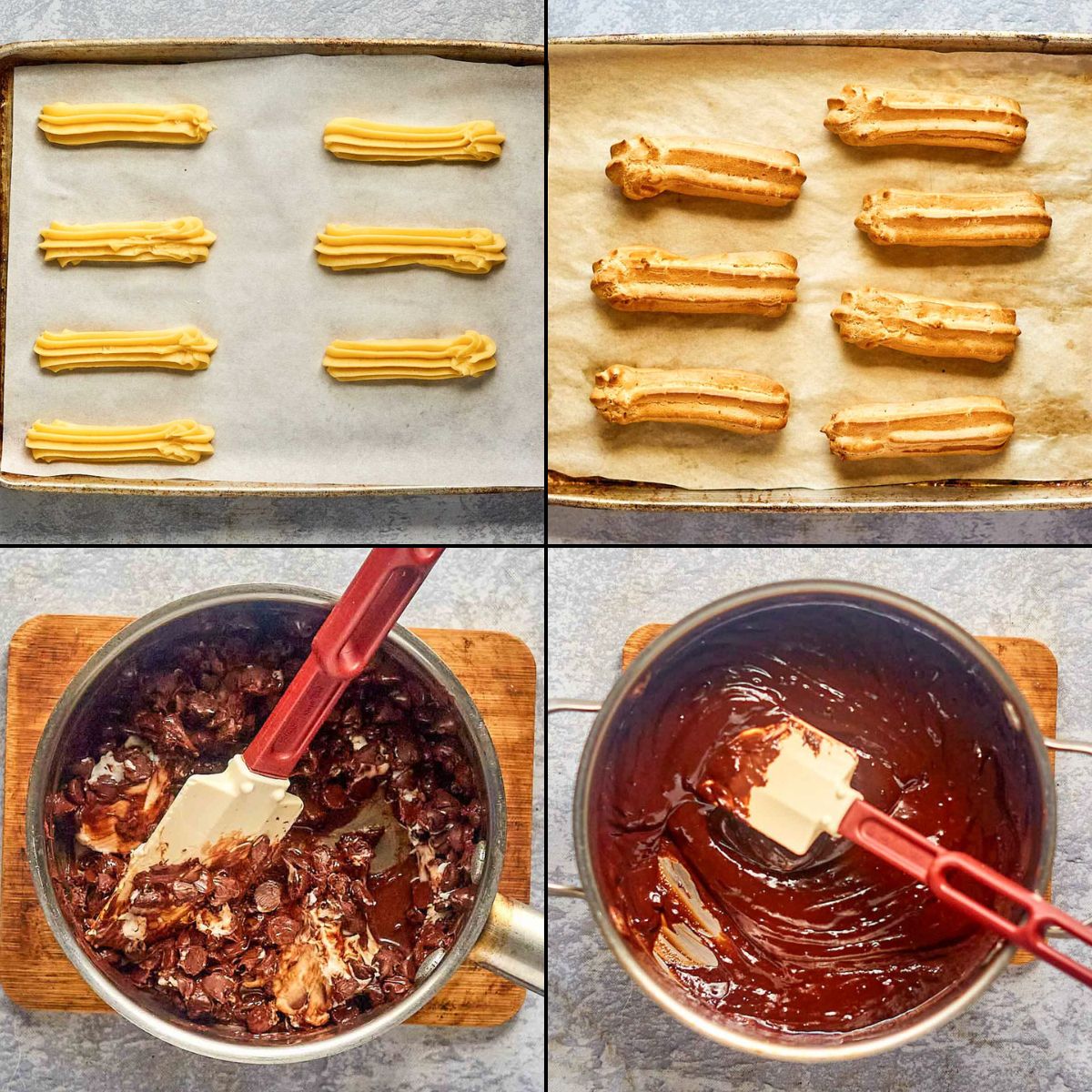 collage of baking eclair dough and making chocolate topping.