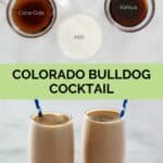 Colorado Bulldog drink ingredients and the finished cocktail in glasses.