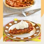 a slice of copycat Cracker Barrel chocolate pecan pie topped with whipped cream.
