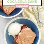 overhead view of copycat cracker barrel chocolate coca cola cake and ice cream in a bowl.