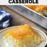 copycat cracker barrel hashbrown casserole on a plate and in a baking dish.