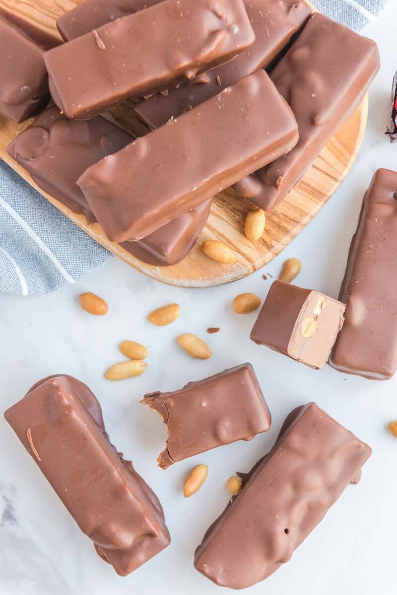 overhead view of homemade snickers candy bars.
