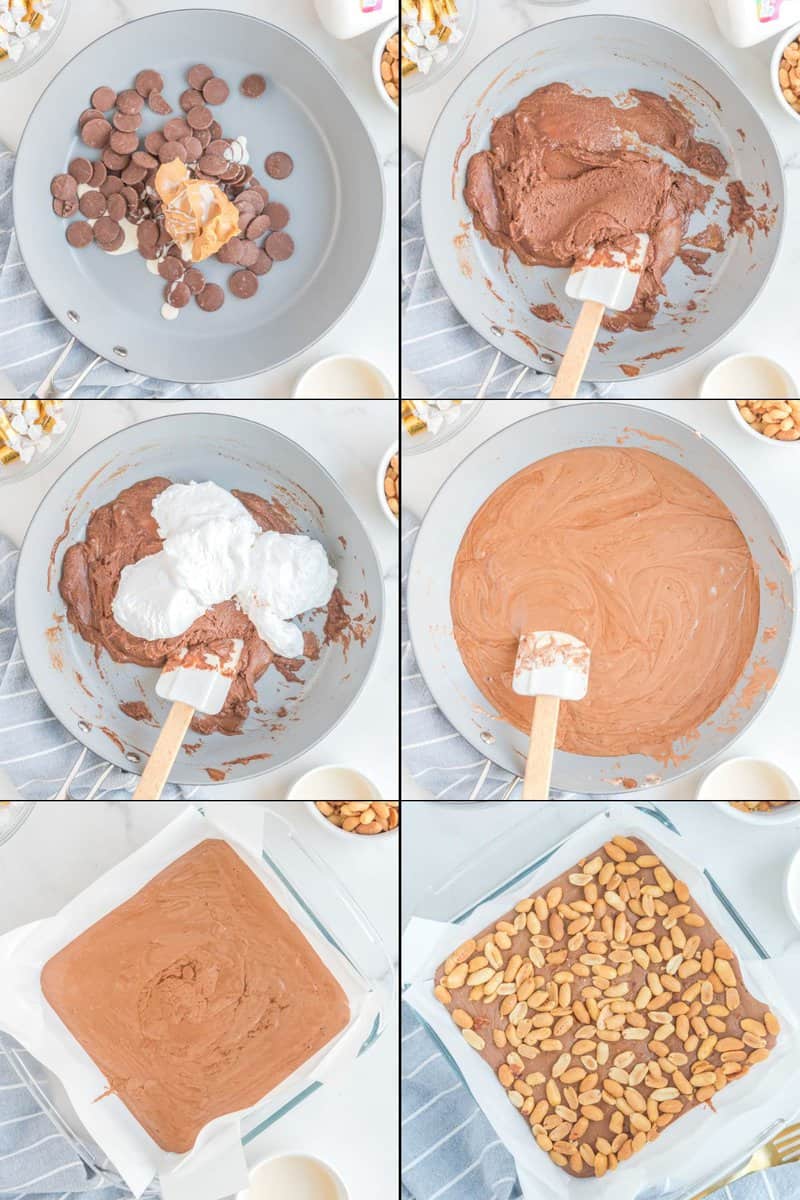 steps for making homemade snickers nougat and peanut layers.