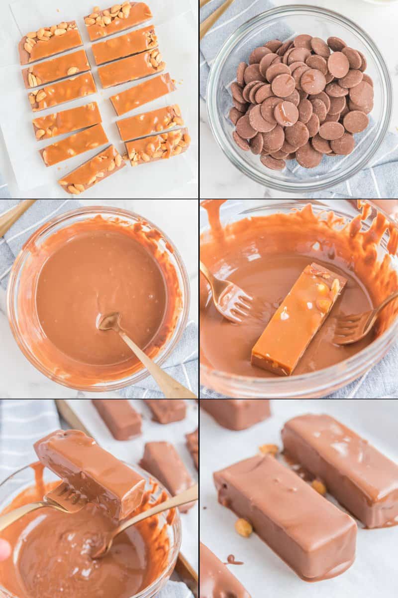 steps for cutting and coating homemade snickers with chocolate.