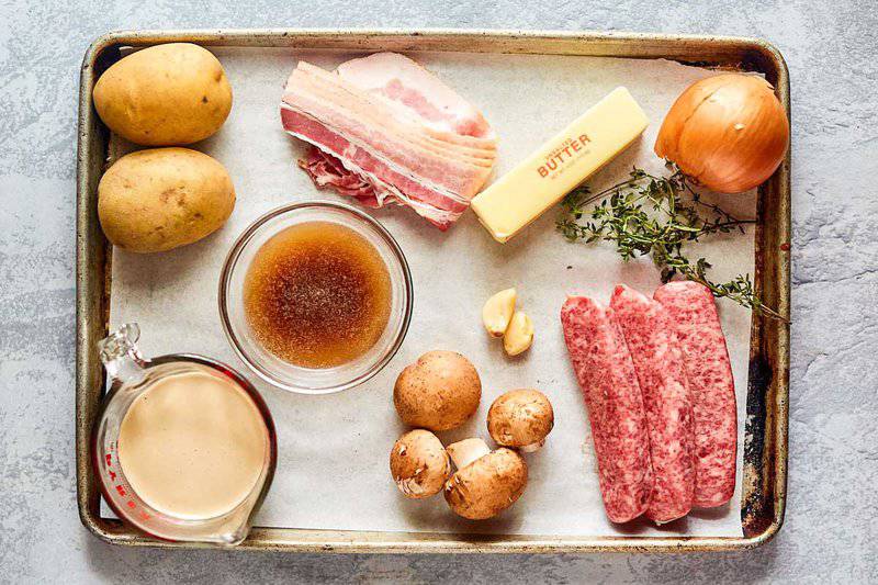 Irish coddle ingredients on a tray.