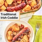overhead view of Irish coddle in a baking dish and on a plate.