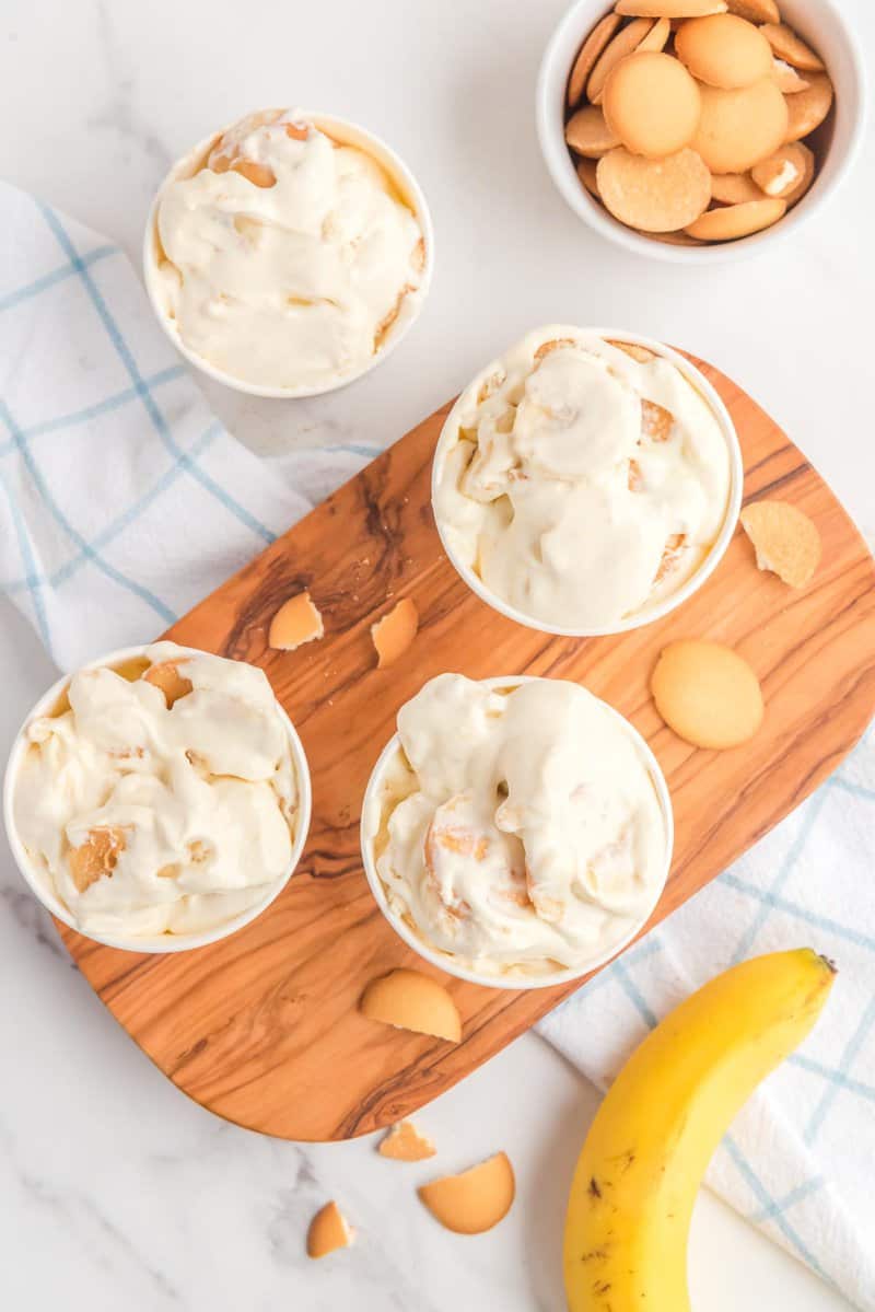 overhead view of copycat Magnolia Bakery banana pudding in serving cups.