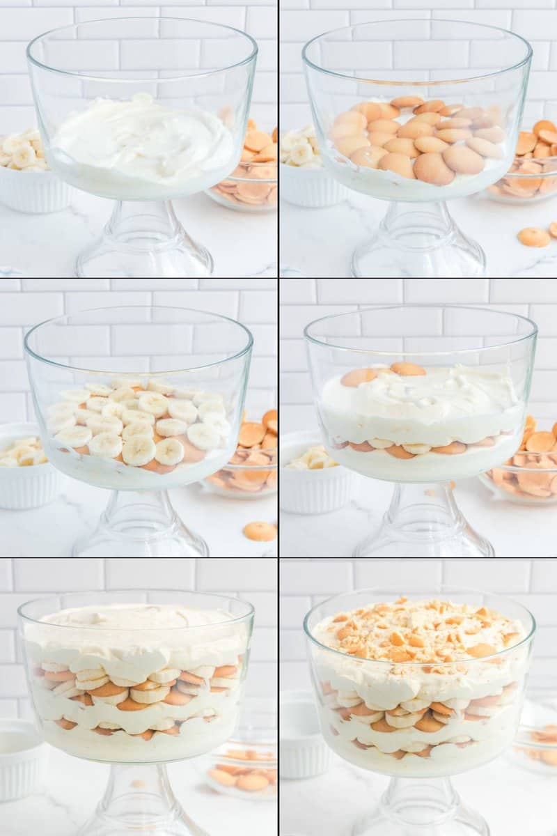 steps for layering banana pudding in a trifle dish.