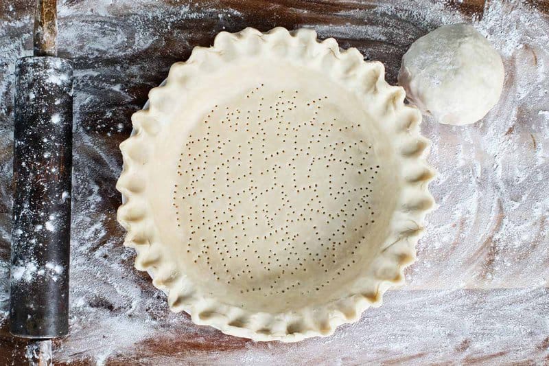 overhead view of Martha Stewart pie crust in a pie plate and a ball of dough.