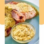 mustard cream sauce in a bowl and on top of pork chops.