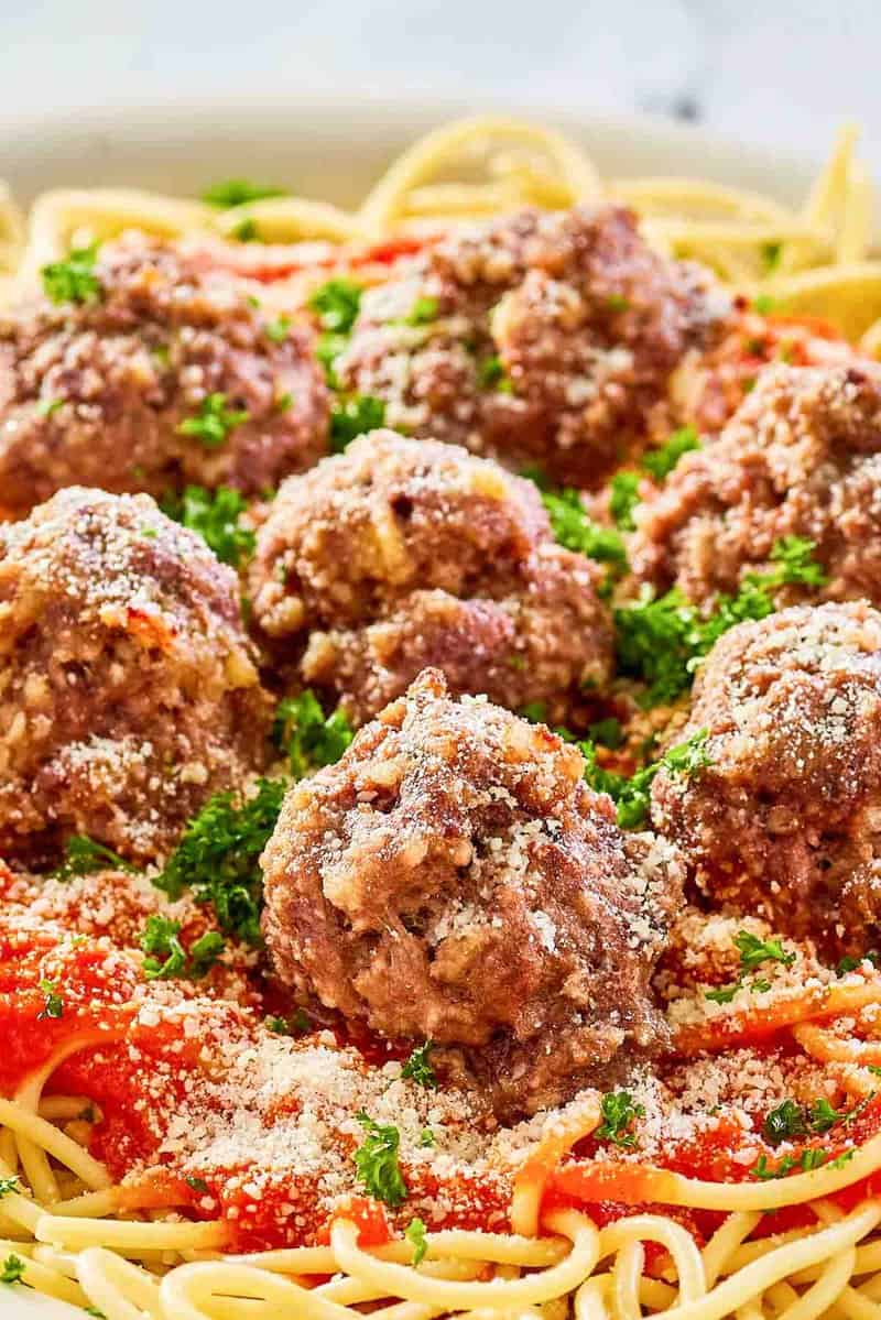 Closeup of copycat Olive Garden spaghetti and meatballs.