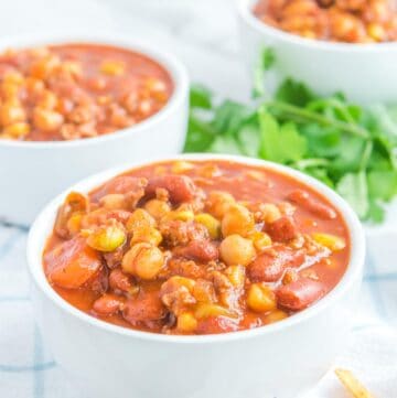 Copycat Panera turkey chili in three bowls.