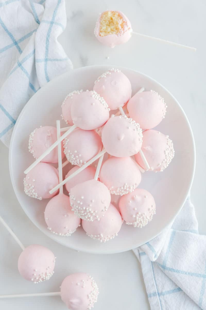 Overhead view of copycat Starbucks cake pops on a plate.