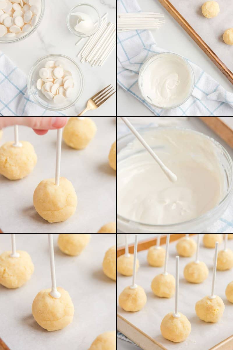 Collage of steps for inserting sticks in cake pops.
