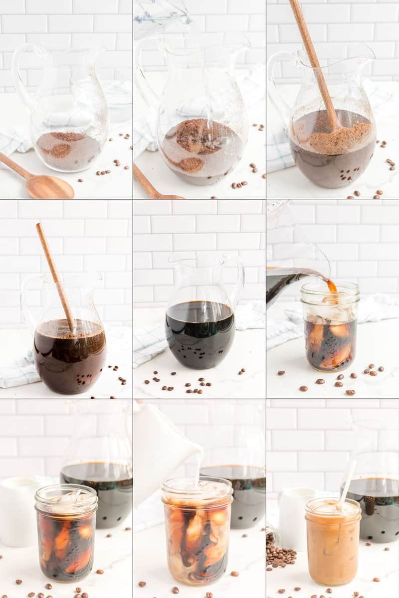 collage of making Starbucks cold brew coffee.