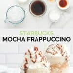 copycat Starbucks mocha frappuccino ingredients and the finished drink.