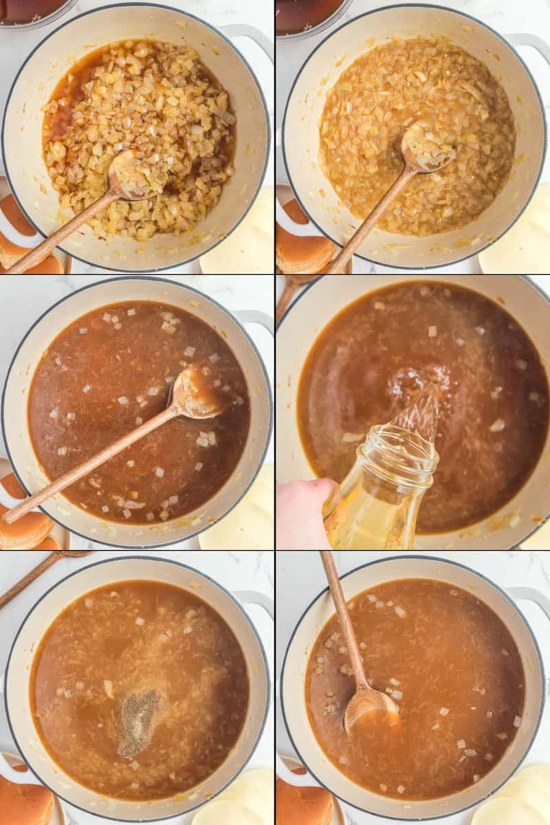 collage of making TGI French onion soup.