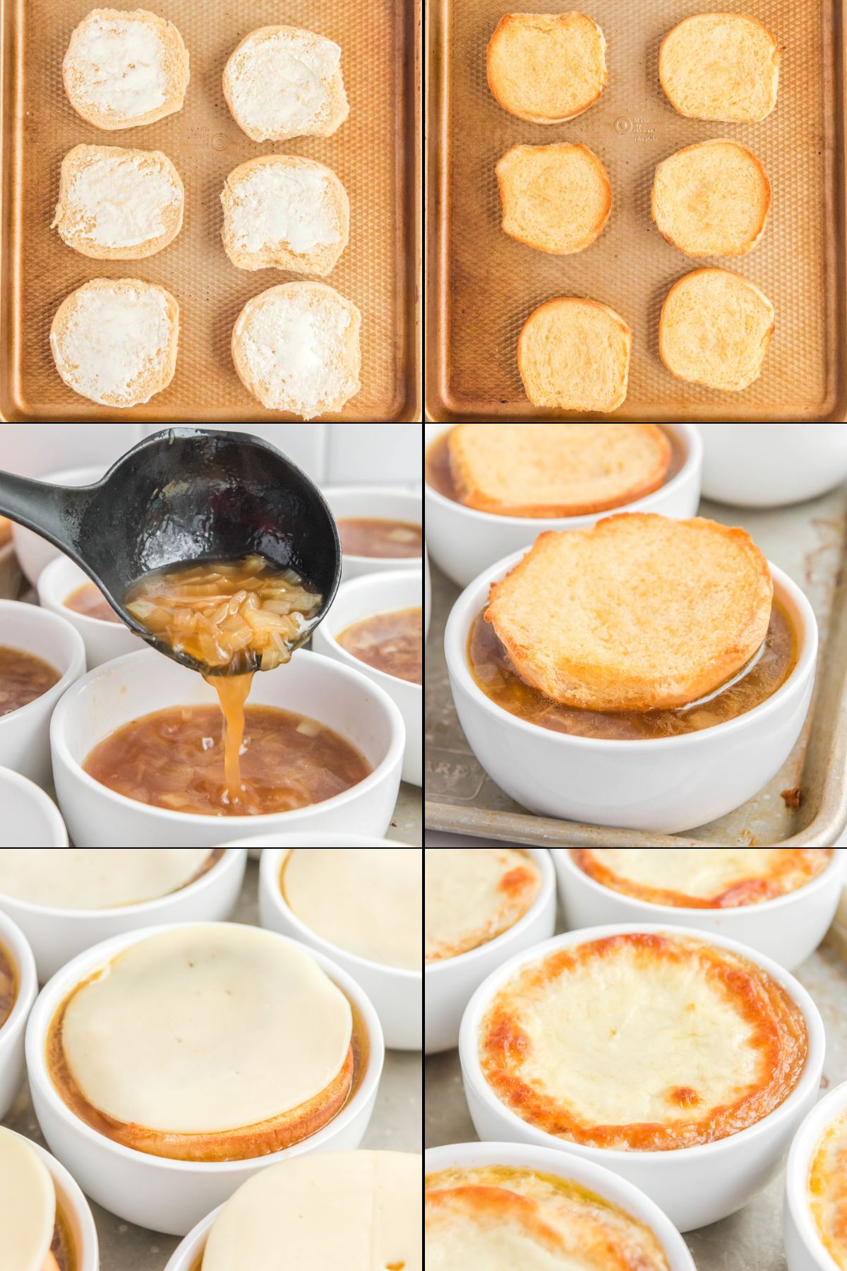 collage of final steps for making TGI Friday's French onion soup.