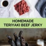 Homemade teriyaki beef jerky ingredients and the finished jerky in a cup.