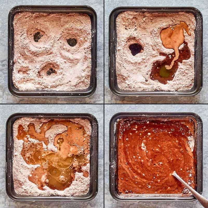collage of steps for making wacky cake.
