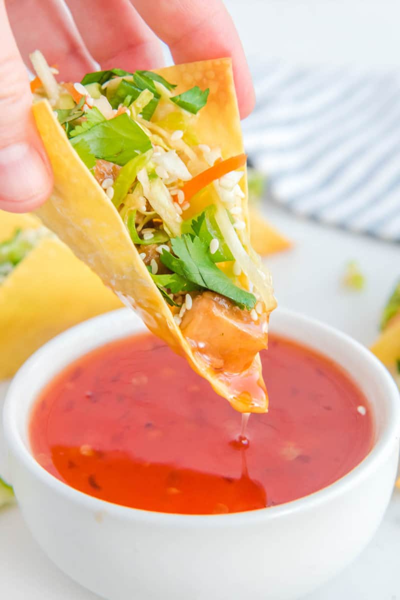 Copycat Applebee's chickenhearted  wonton taco dipped successful  saccharine  chili sauce.