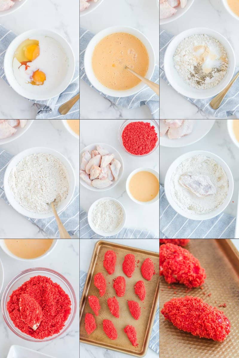 Collage of steps for making Applebee's Flamin' Hot Cheetos Wings.