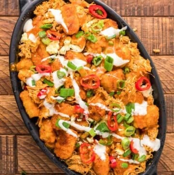 Overhead view of copycat Buffalo Wild Wings Buffalo chicken tots.