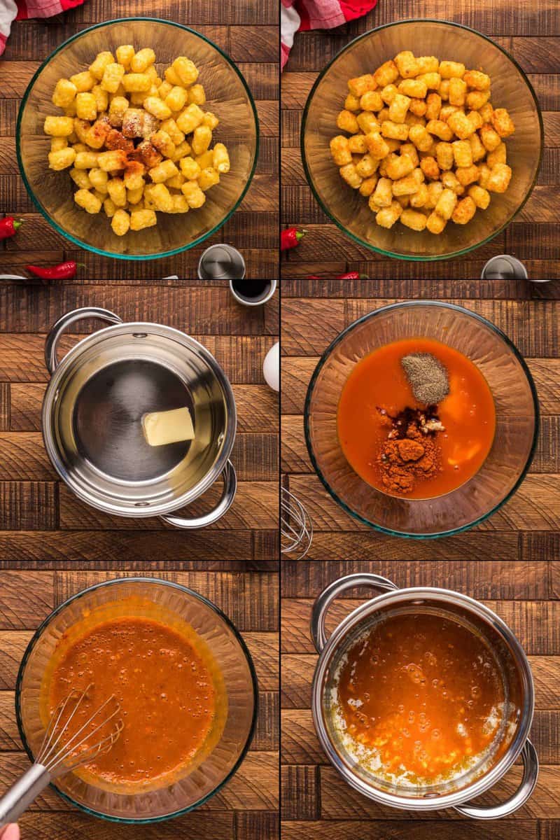 Collage of making seasoned tater tots and Buffalo sauce.