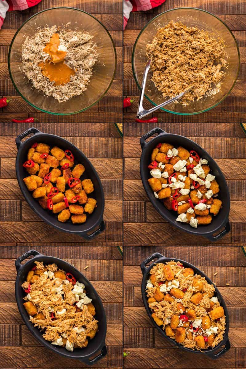 Collage of making buffalo chicken and layering buffalo tots.