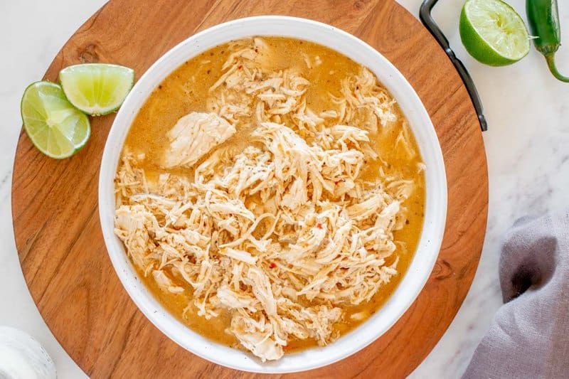 Overhead view of a bowl of copycat Cafe Rio shredded chicken.