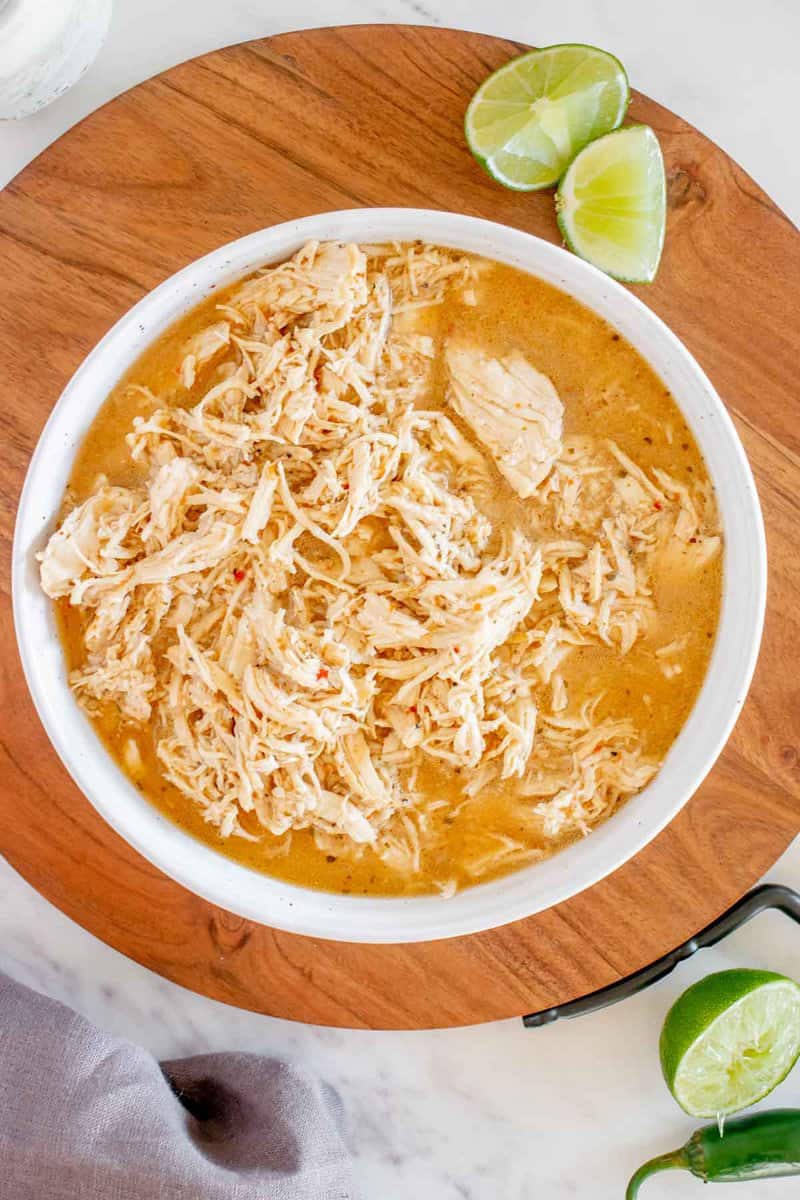 Overhead view of copycat Cafe Rio shredded chicken in a bowl.