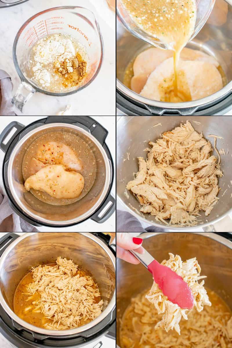 Collage of making Cafe Rio shredded chicken in an Instant Pot.