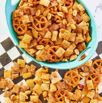 Overhead view of homemade original Chex mix.