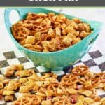 Homemade classic chex mix on parchment and in a bowl.
