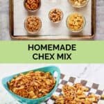 Original chex mix ingredients and the finished mix.