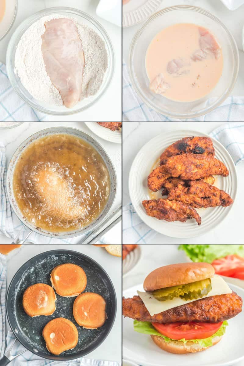 Collage of breading and frying chicken, toasting buns, and making chicken deluxe sandwich.