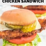 Closeup of a homemade Chick Fil A spicy deluxe fried chicken sandwich.