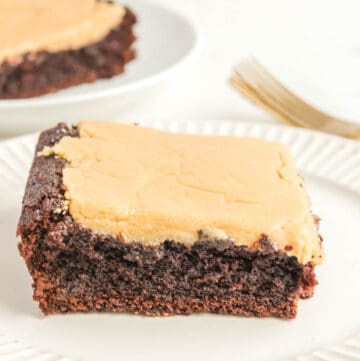 Chocolate caramel cake slices on plates.