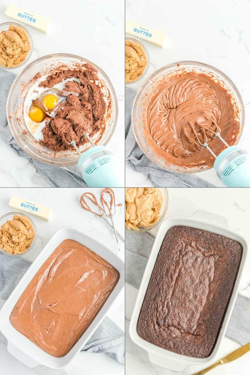 Collage of final steps for making and baking a chocolate cake.
