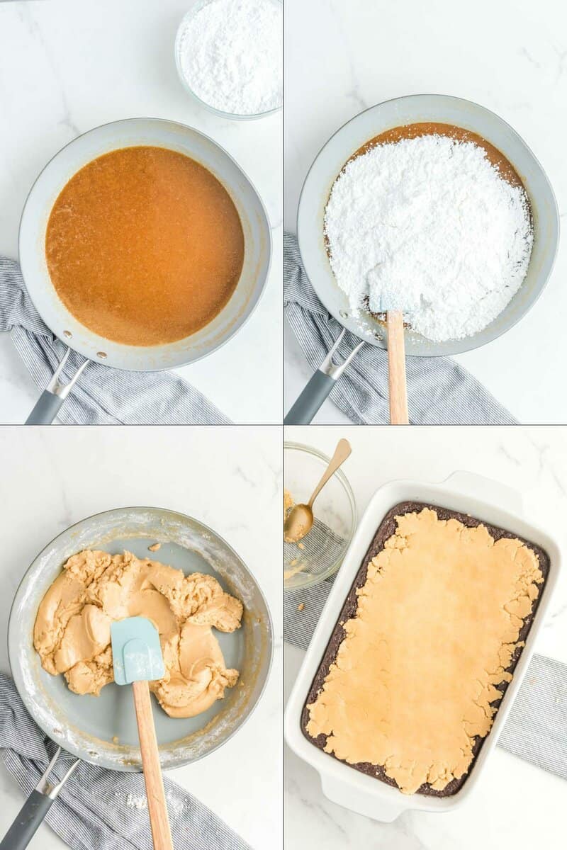 Collage of final steps for making caramel frosting and putting it on a chocolate cake.